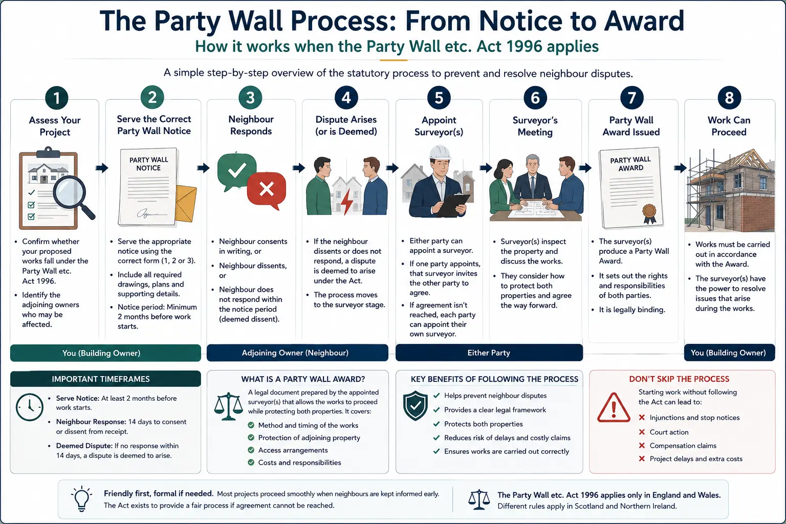 Do I Need a Party Wall Agreement? An infographic showing the party wall process from notice to award in a very interactive way for the citizens living in Cambridge, UK
