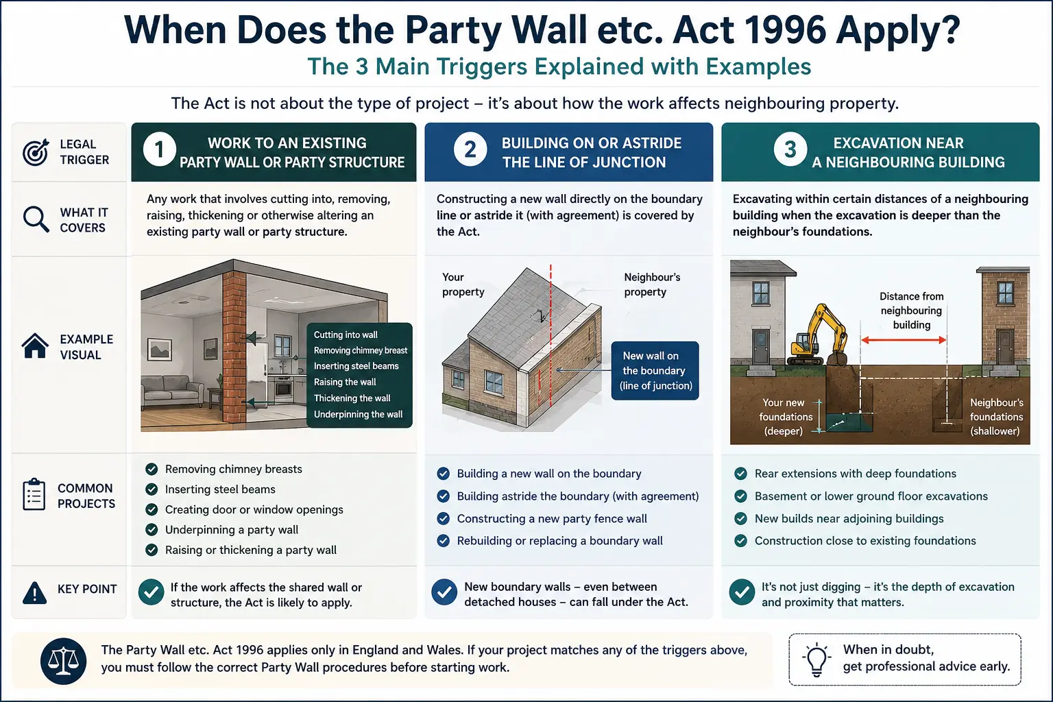 Do I Need a Party Wall Agreement? An infographic showing when does the party wall etc act 1996 apply like excavation, junction, painting, in Cambridge, UK